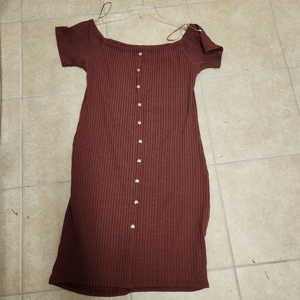 Brown Ribbed Button-Down Dress